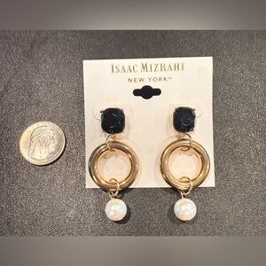 Isaac Mizrahi New York Gold Hoop Drop Earrings Pearl Accent NEW